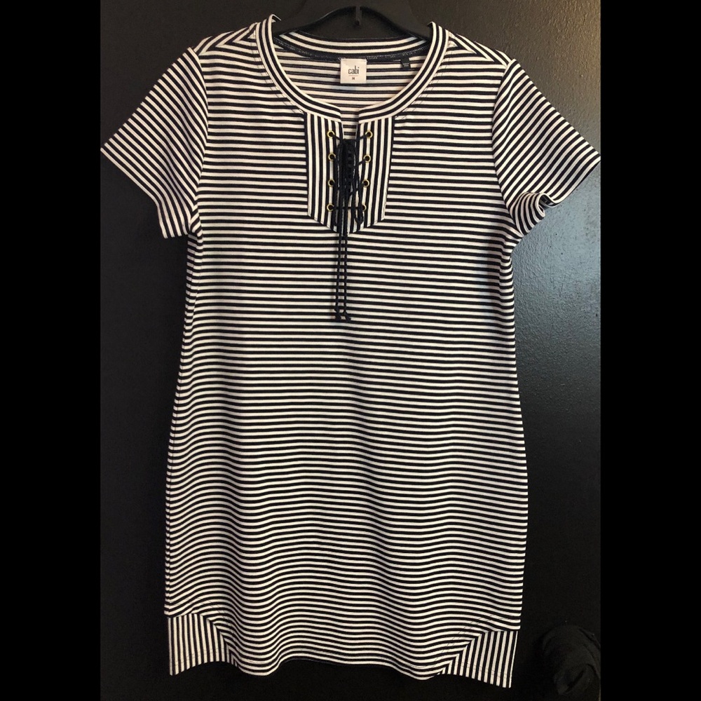 CABI Captain Striped Lace-Up Short Sleeve Tunic Dress - Navy & White